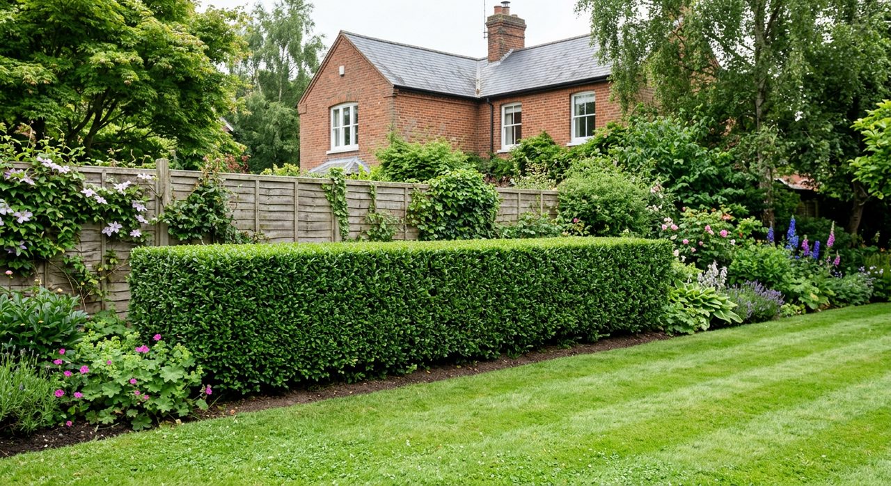 A neatly trimmed garden hedge with a level top