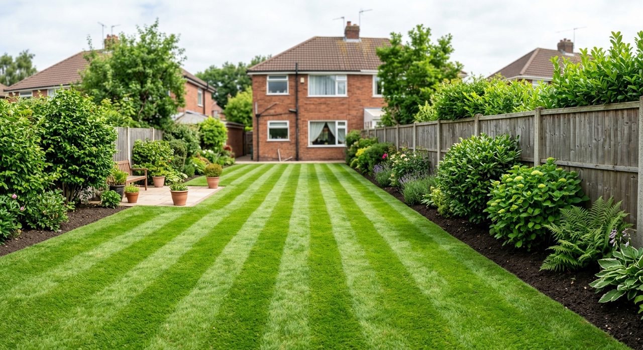 A healthy, freshly mowed green lawn with mower stripes