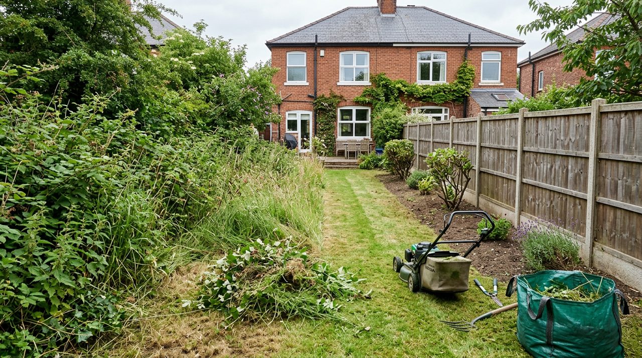 An overgrown garden being cleared back to usable