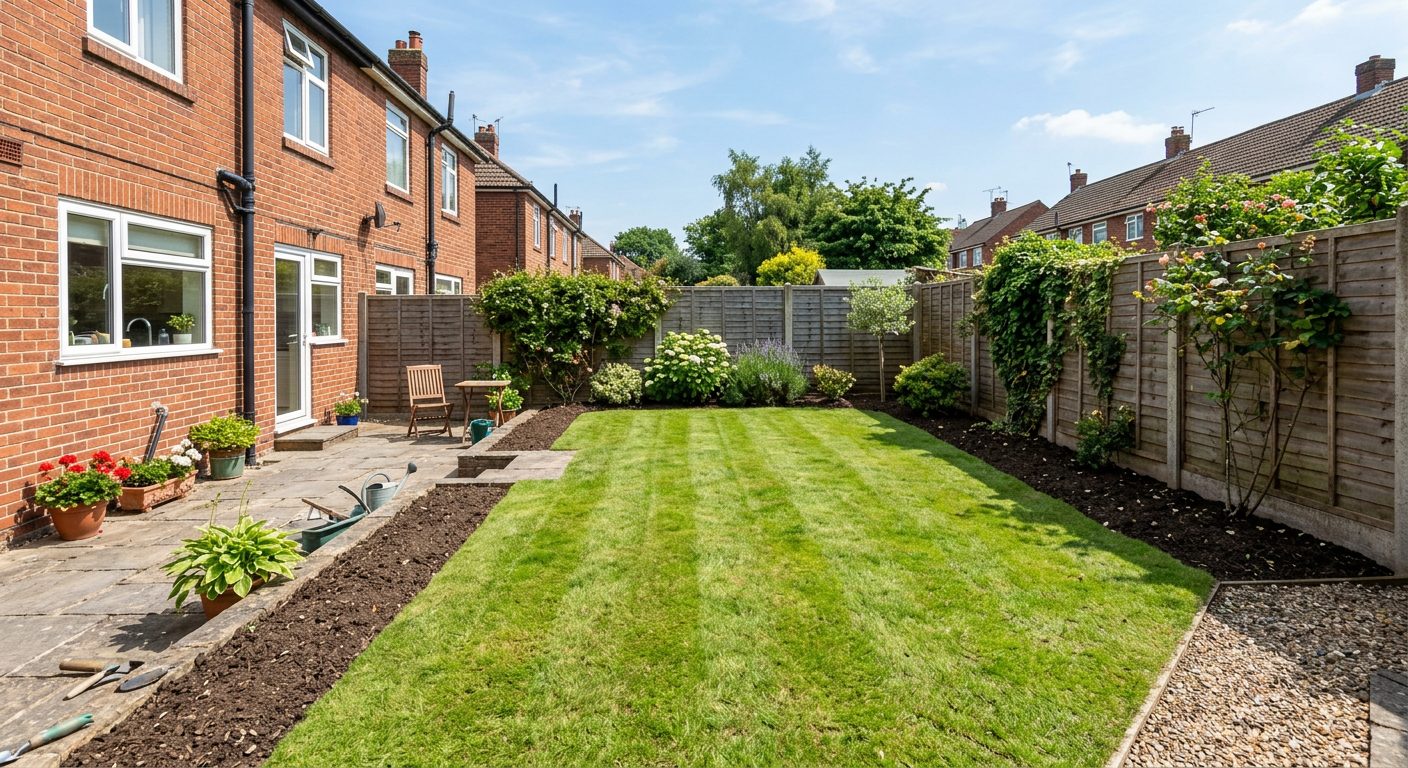 A cleared, usable garden after an overgrowth clearance