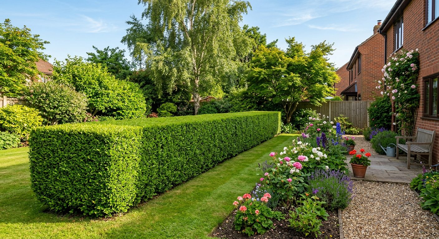A neatly trimmed hedge with a level top