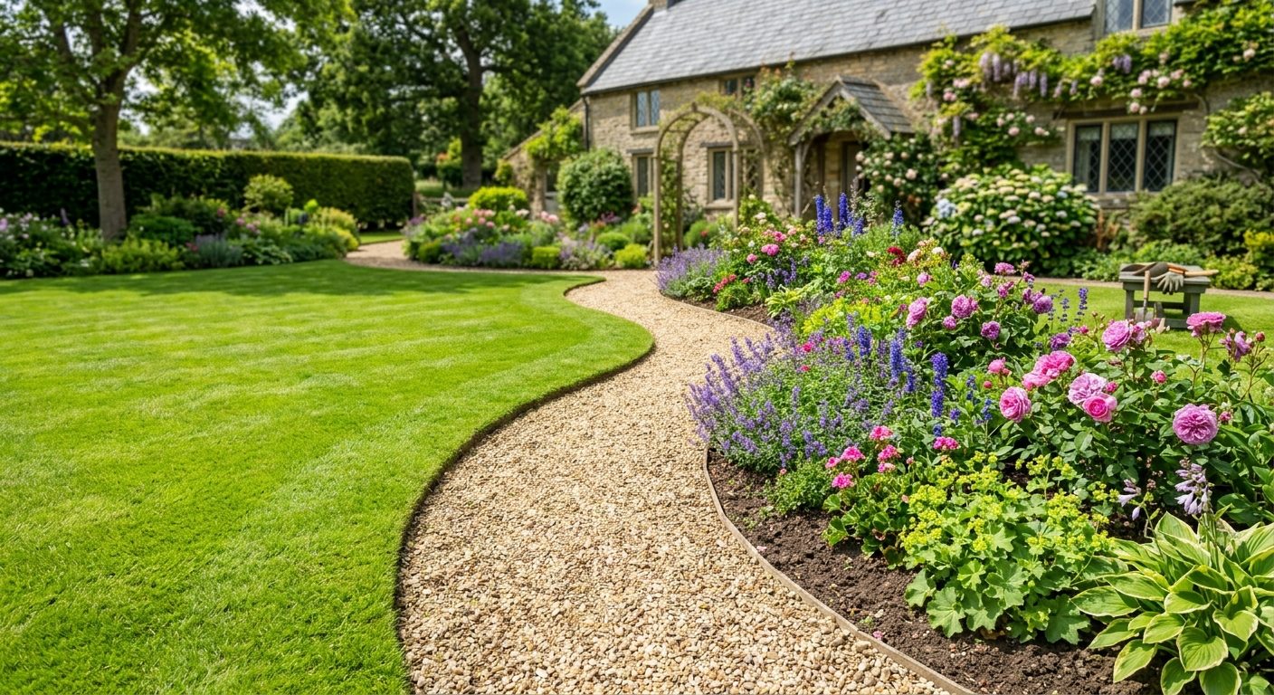 Strimmed edges and weeded borders left neat